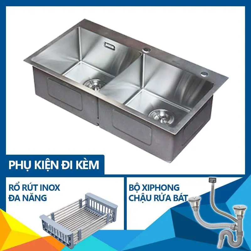 Chậu rửa bát 2 hố cân inox 304 KOREA (gồm 4 kích thước) 