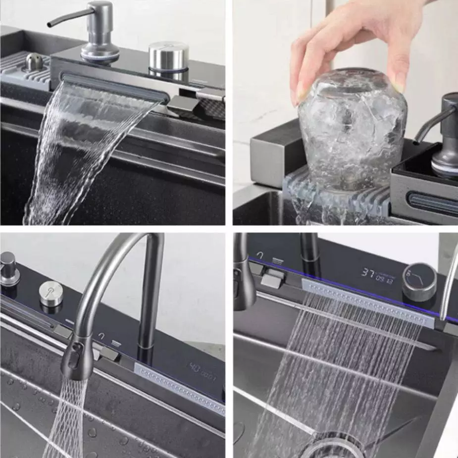 Chậu Rửa Bát 5 Phím 1 Hố Phủ Nano Kèm Vòi Lọc Nước Thác Nước Vòi Xịt BH 10 Năm (inox 201)