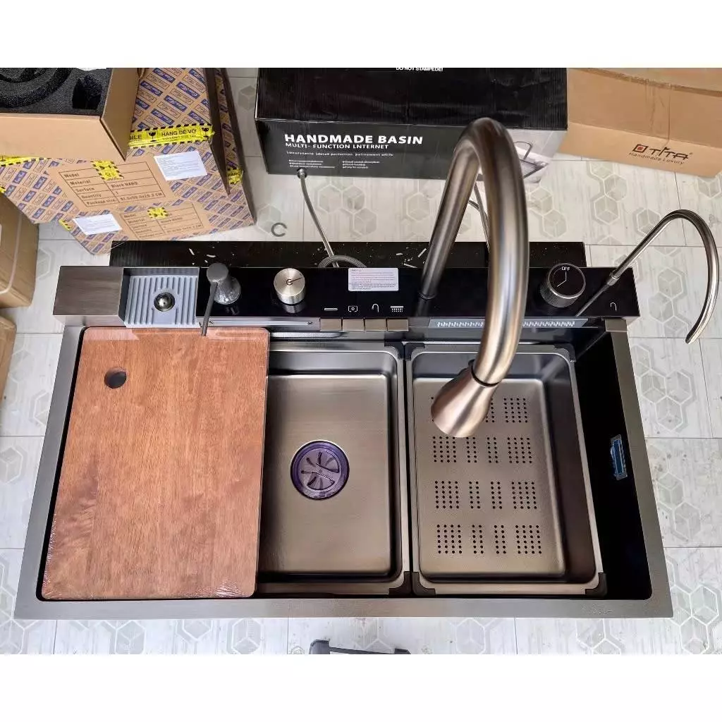 Chậu Rửa Bát 5 Phím 1 Hố Phủ Nano Kèm Vòi Lọc Nước Thác Nước Vòi Xịt BH 10 Năm (inox 304)